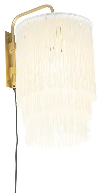 Orientalna lampa ścienna złota z kremowym abażurem z frędzlami - FranxaKolonialny Oswietlenie wewnetrzne