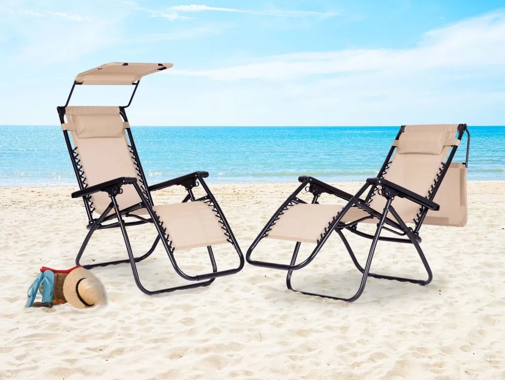 Składany leżak ogrodowy z regulowanym daszkiem Corfu 009, beżowy