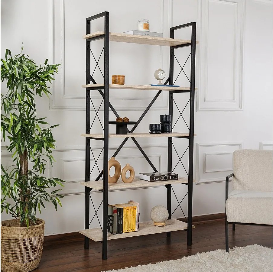 Elegancki regał z metalową ramą, 90 x 180 x 33,5 cm | Płyta wiórowa pokryta melaminą w 100%, możliwość montażu na ścianie, kolor trawertynow