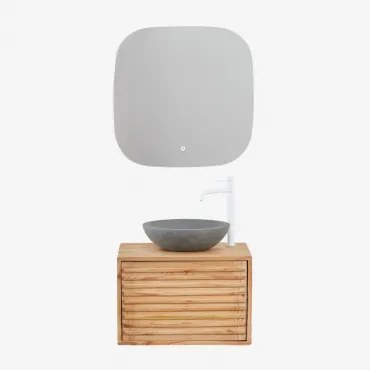 Zestaw Wiszących Mebli Łazienkowych Z Drewna Deleyna Naturalna & Okrągły Szary Cement Ø40 Cm Tarsis & Kwadratowa Lampa - Sklum