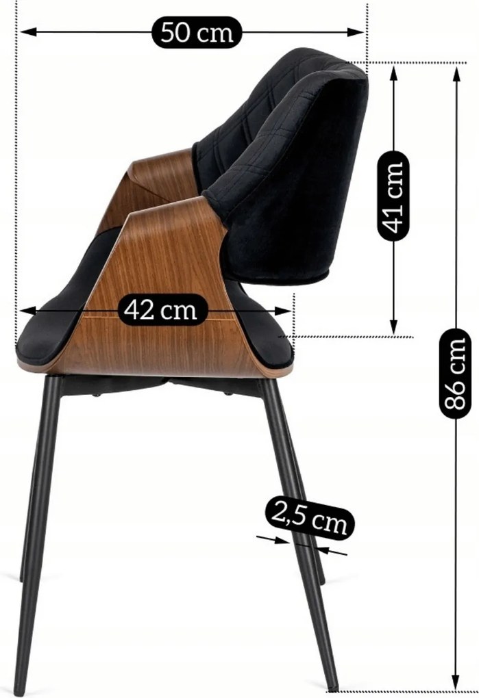 Krzesło Tapicerowane z Drewna Giętego do Salonu DAKOTA Czarne/Orzech Welurowe Nowoczesne Loft