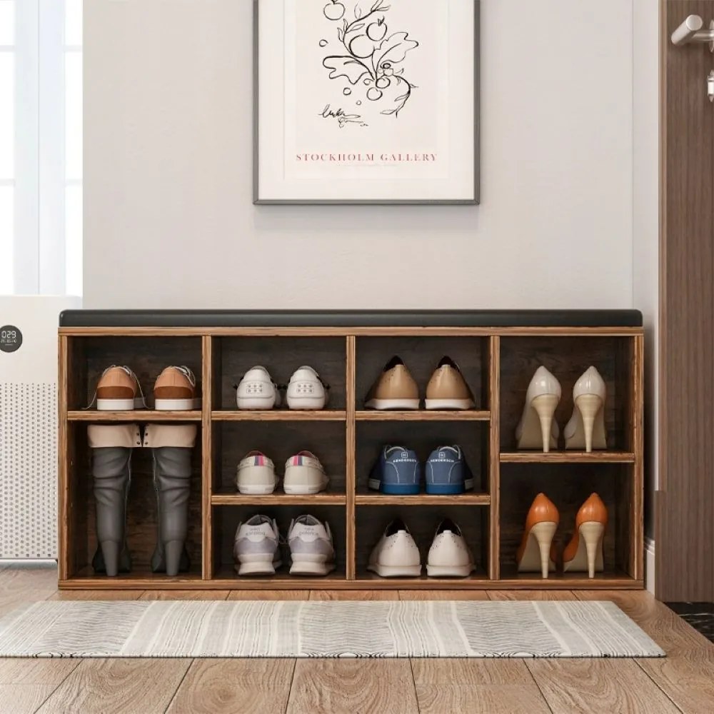 Ławka do przedpokoju z siedziskiem i półką do przechowywania, brązowa rustykalna, 104x30x48 cm – kompaktowy design MDF