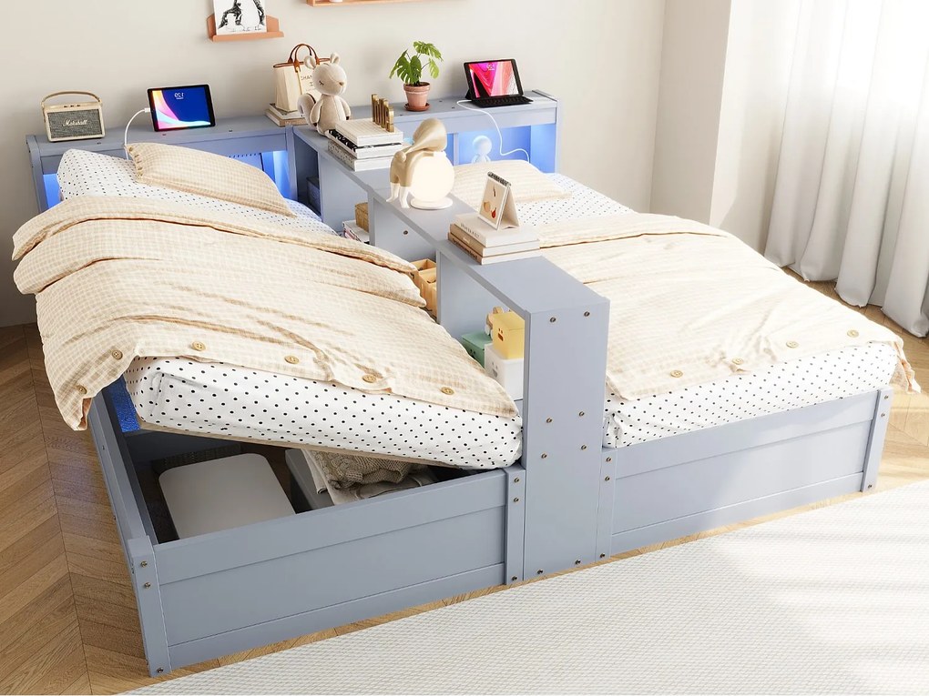 Sofa rozkładana z pojemnikiem 90 x 200 lub 180 x 200 cm - z gniazdkiem elektrycznym - przegrody do przechowywania - z oświetleniem LED - szary