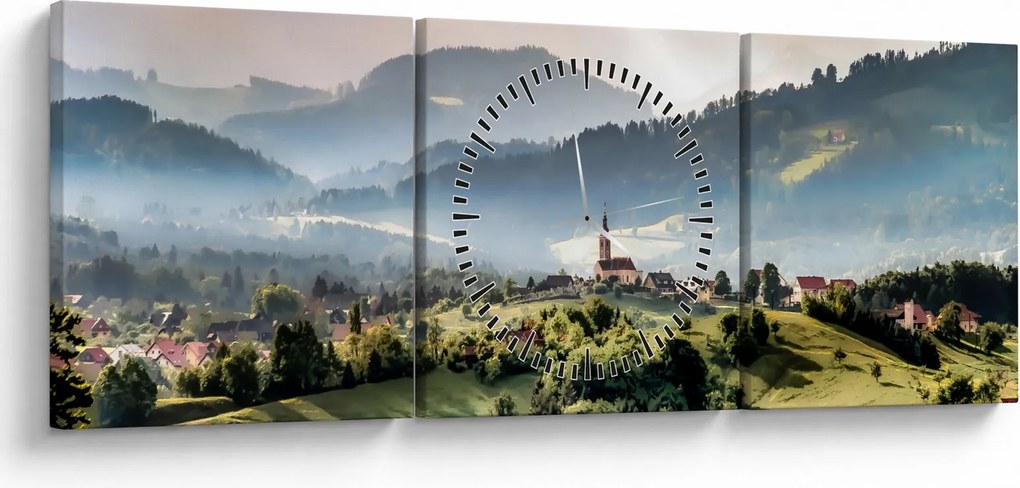 Obraz - wieś we mgle (z zegarem) (90x30 cm)