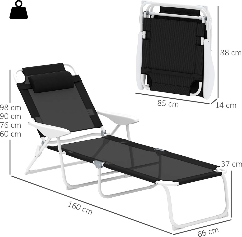 Outsunny Leżak składany z poduszką, fotel z 4-stopniowo regulowanym oparciem do 120 kg czarny | Aosom PL