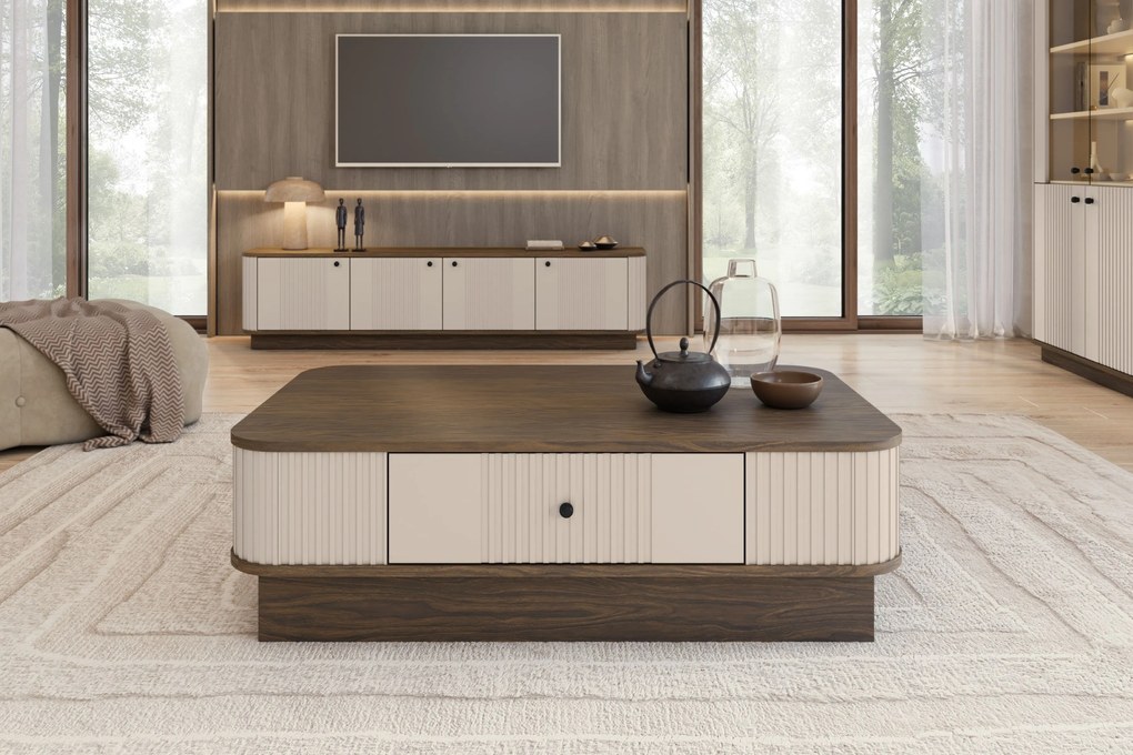 Stolik kawowy z szufladą Vesper 103x60 cm na cokole - kaszmir / orzech / czarny uchwyt