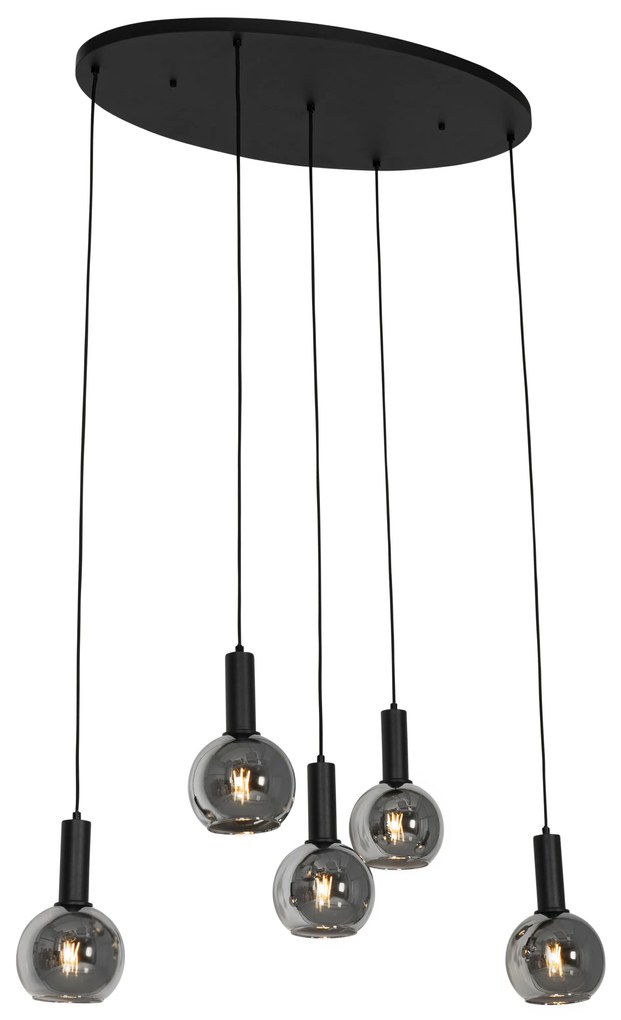 Lampa wisząca Art Deco czarna z owalnym 5-punktowym dymionym szkłem - Josje ArtDeco Oswietlenie wewnetrzne