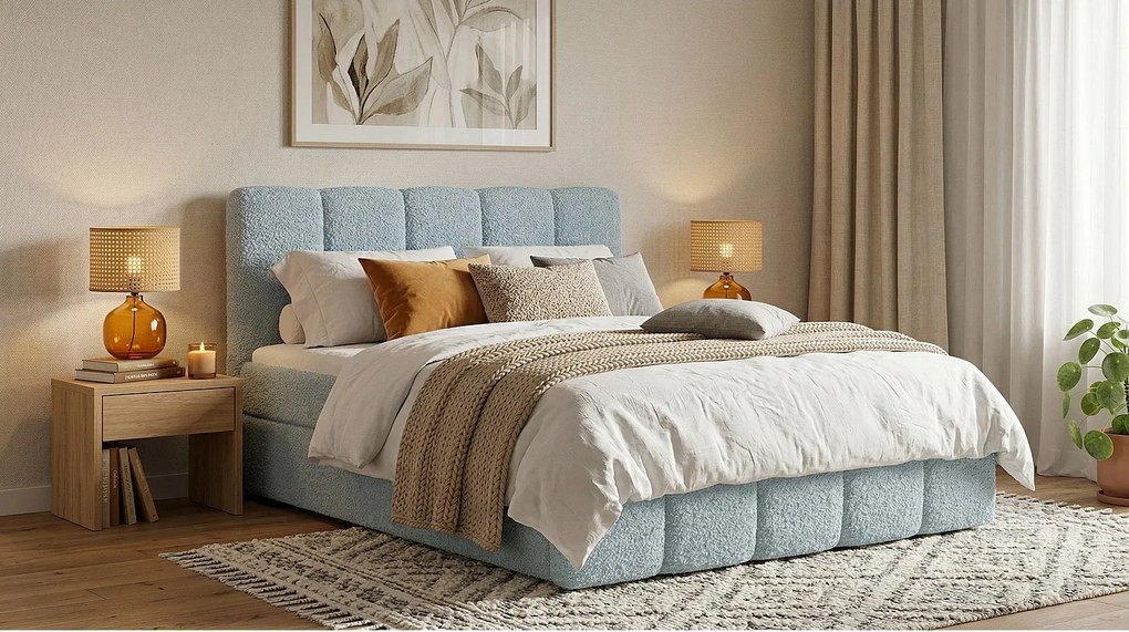 Stylowe łóżko tapicerowane KORA 200x200 cm w tkaninie CENTAUR 9 jasnoniebieskiej