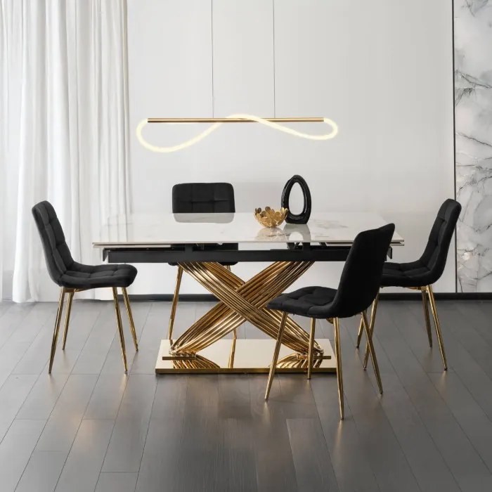 Stół Rozkładany Prostokątny IBIZA 160-240 cm Ceramiczny Biały Marmur/Złoty do Jadalni Nowoczesny Glamour
