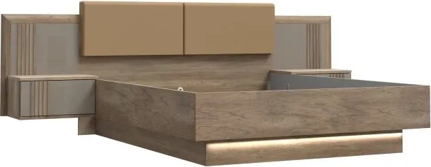 Łóżko 160x200 cm z szafkami i oświetleniem Savona 1162B, dąb antyczny/beżowy połysk