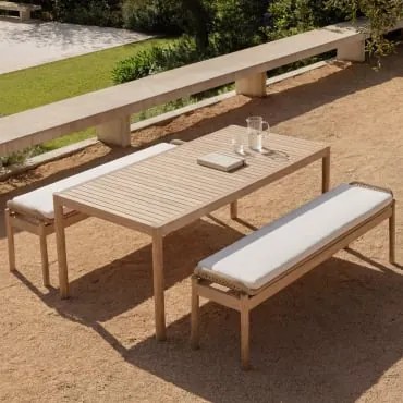 Zestaw: Prostokątny Stół 180x90 Cm I 2 Ławki Ogrodowe Z Drewna Akacjowego I Plecionej Liny Karvia Jasny Akacjowy Brąz & Tkaniny Biała - Sklum