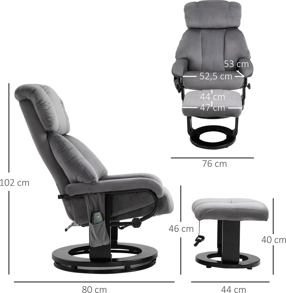 HOMCOM fotel do masażu z podnóżkiem rozkładany fotel telewizyjny z pilotem i kieszenią boczną 10 punktów aksamitny szary 76x80x102cm | Aosom PL
