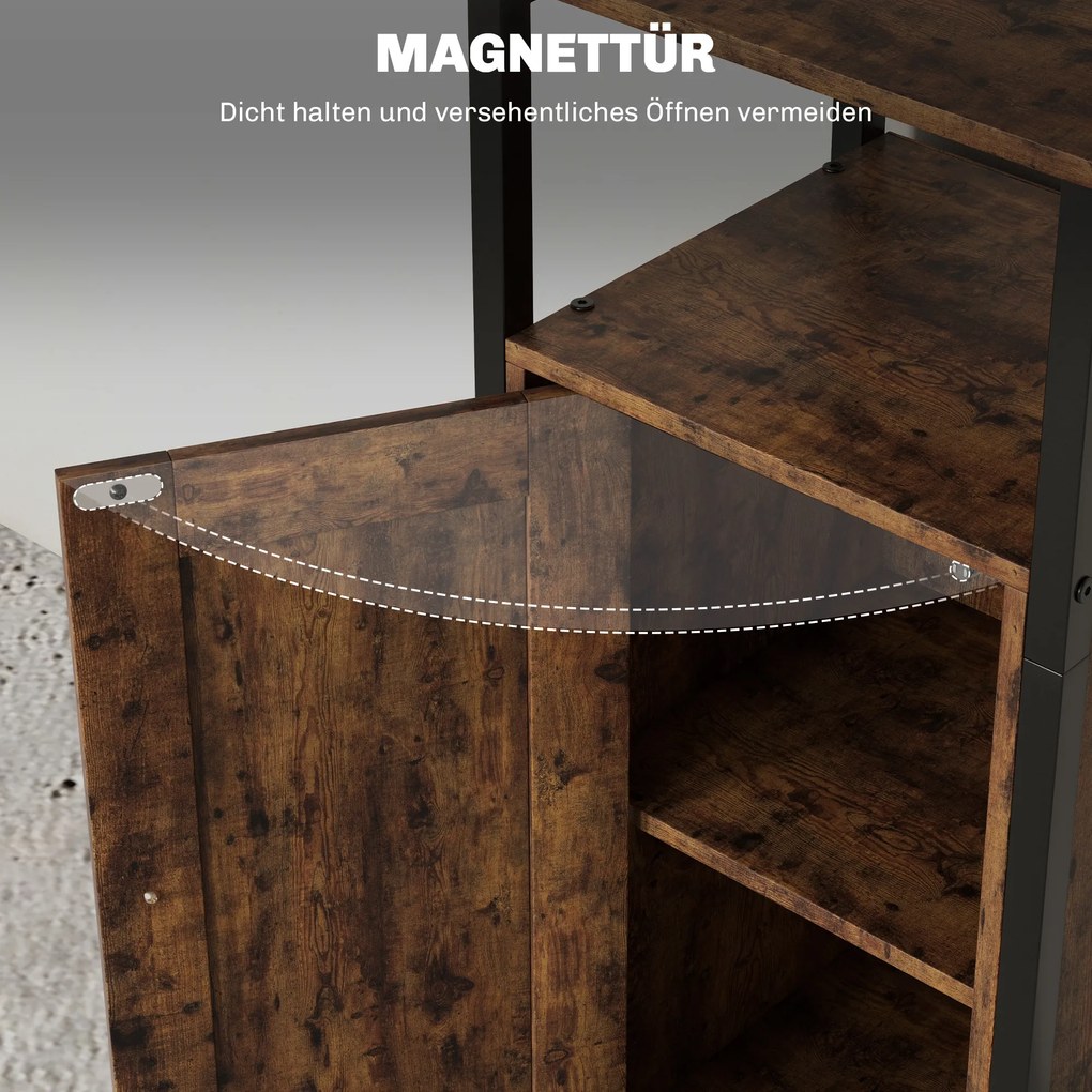 HOMCOM Stolik pomocniczy z miejscem do przechowywania, 2 otwarte półki, regulowany 3-poziomowo, drzwi magnetyczne, Brąz