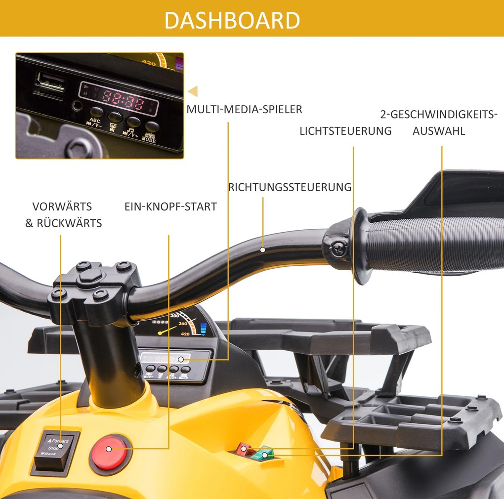 Homcom Mini Elektryczny Quad Pojazd dziecięcy ATV Motocykl dziecięcy z MP3 USB LED Żółty
