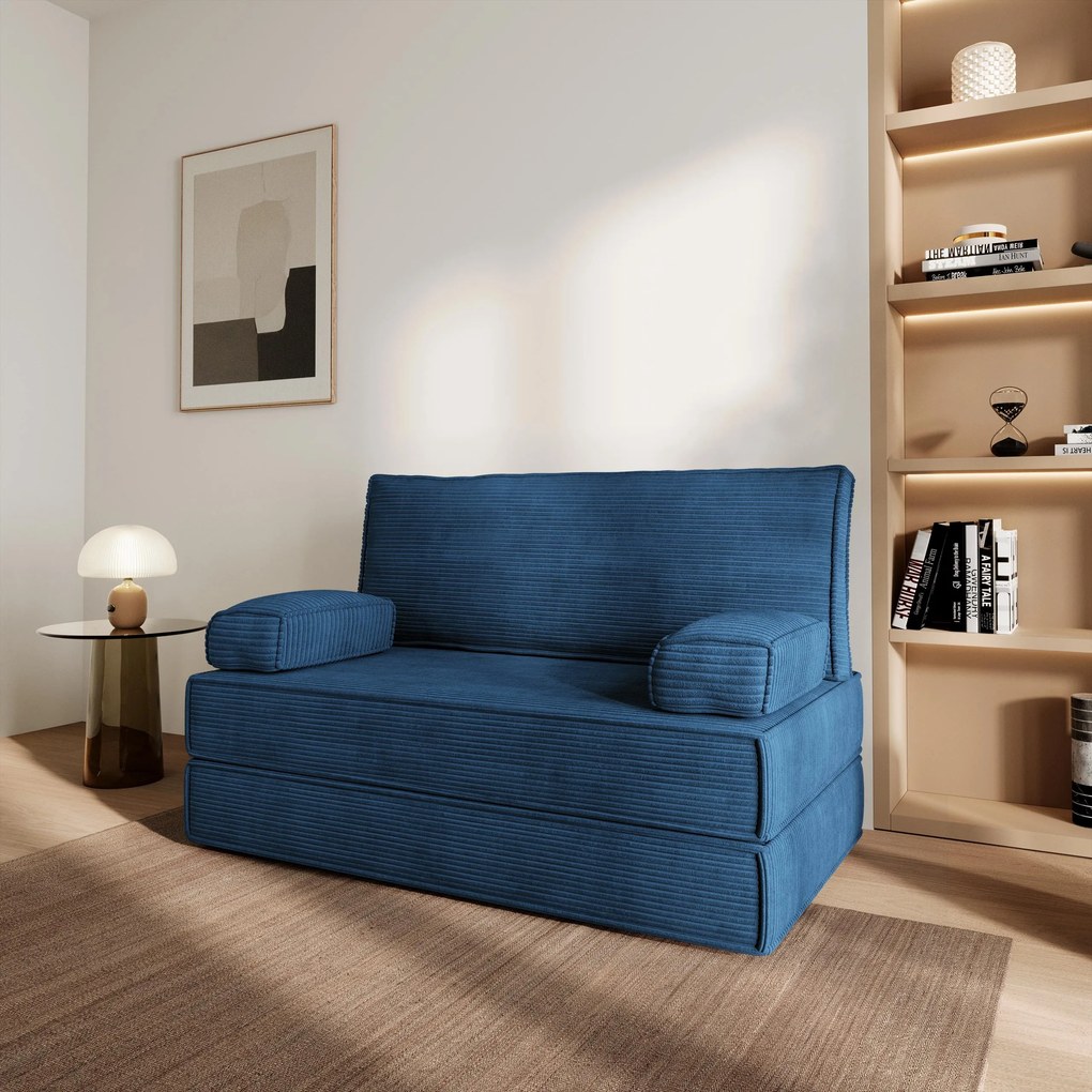 Masseno Sofa piankowa LADIA z funkcją spania, Kanapa z pianki do salonu, Bezmontażowa, Tkanina sztruksowa – Niebieski POSO 05