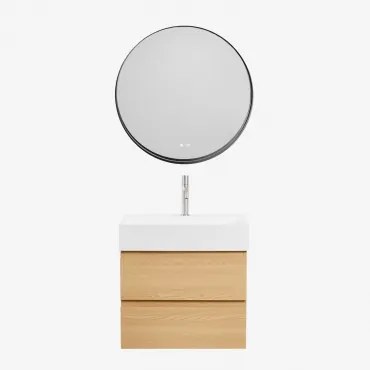 Zestaw Mebli Łazienkowych Z Drewna I Forniru Jesionowego Z Wbudowaną Umywalką Ona Naturalna & Okrągła Led I - Sklum