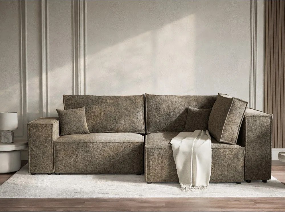 Brązowy rozkładany/ze schowkiem narożnik z tkaniny szenilowej (prawostronny/w kształcie litery L) Tonga – Maison de Rêve