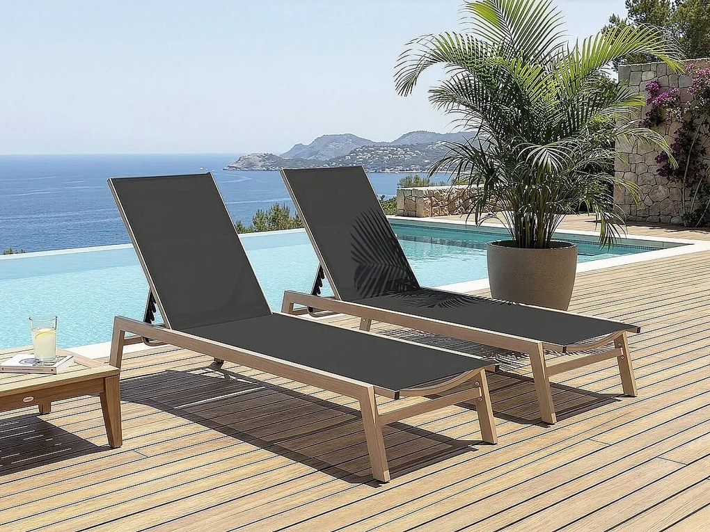 Zestaw 2 leżaków Elysia z aluminium imitującego czarne drewno, oparcie regulowane w 5 pozycjach, bez materaca
