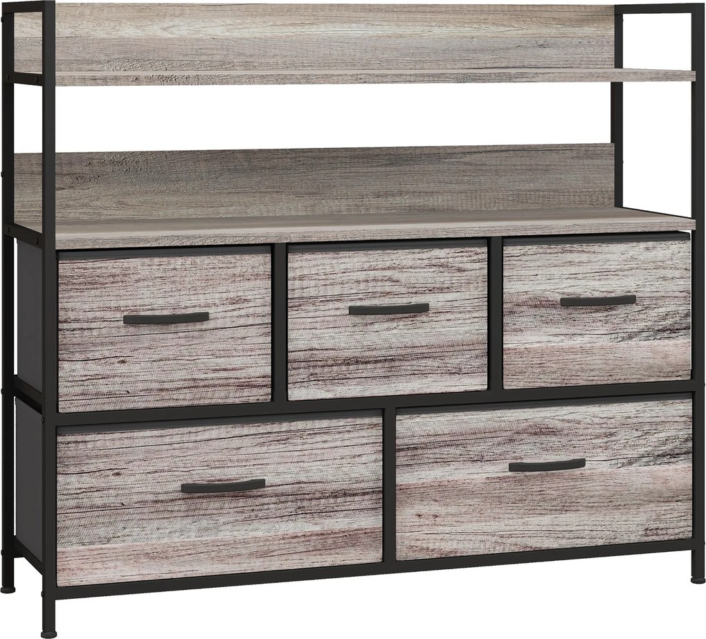 HOMCOM Komoda z tkaniny, 5 składanych szuflad, 2 półki, Stelaż stalowy, 98 x 29 x 85 cm, Szara