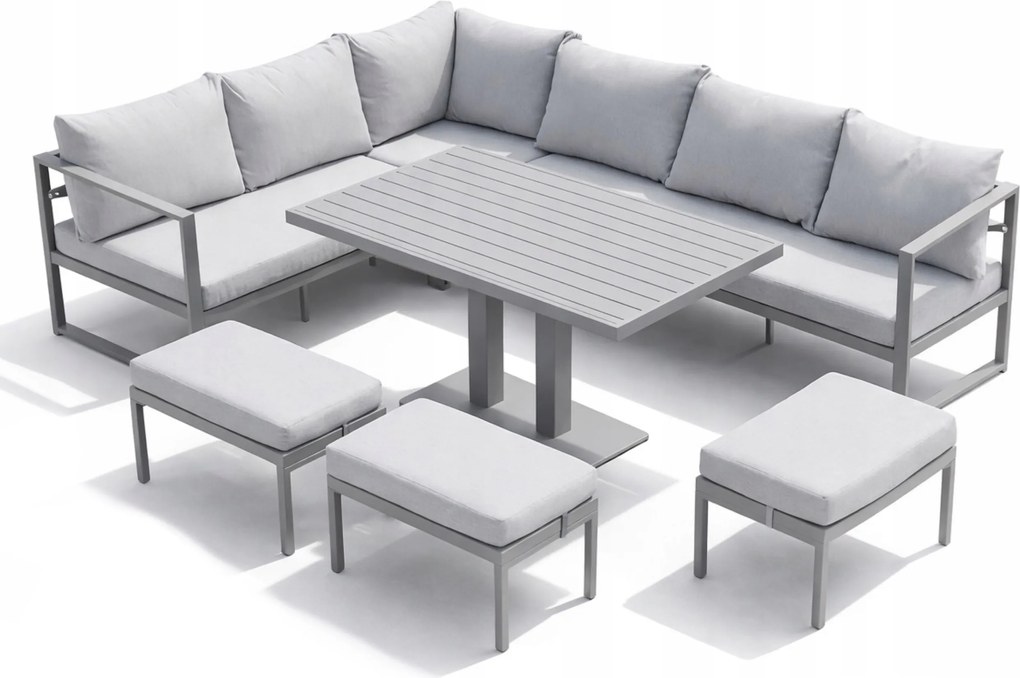 Narożnik ogrodowy Bellagio 004 z pufami i ławostołem, szary, poduszki szare