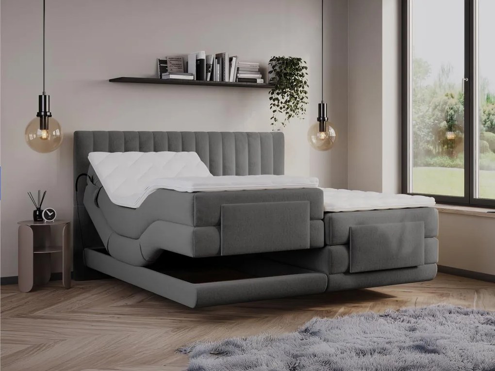 Kompletny zestaw łóżka kontynentalne z zagłówkiem z pionowymi przeszyciami  + stelaż z elektryczną regulacją + materac + topper - 2 x 90 x 200 cm - Welur - Antracyt - DONISI od PALACIO