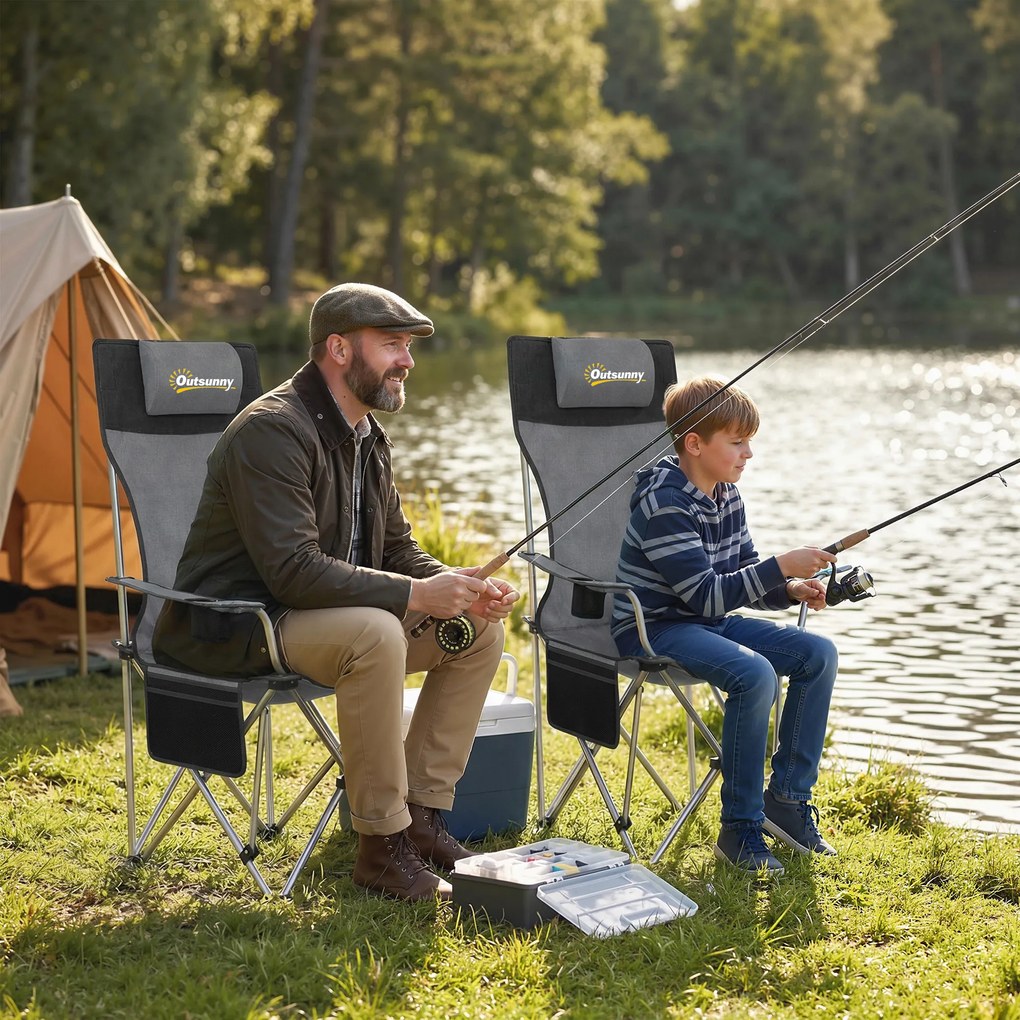 Outsunny Zestaw 2 krzeseł kempingowych składanych fotel wędkarski z odpinanym podnóżkiem uchwyt na napój nośność 120 kg Szary | Aosom PL