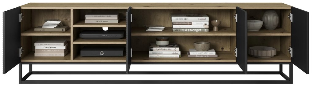 Szafka RTV Asha 200 cm ryflowana z wnęką i metalowym stelażem - artisan / czarny mat