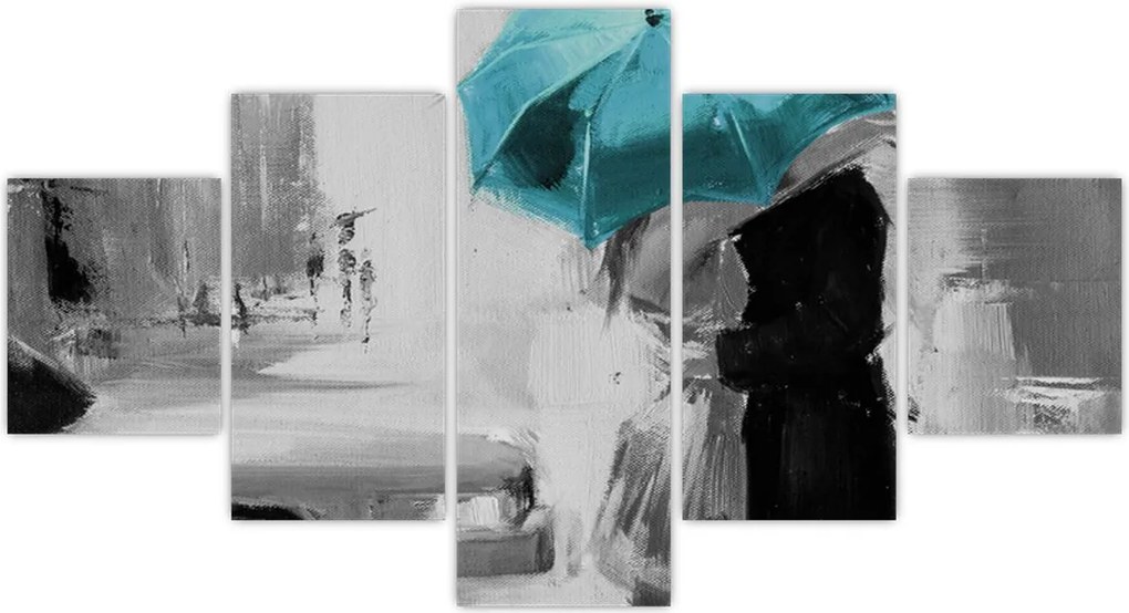 Obraz - Zakochana para z parasolem, niebieski (125x70 cm)