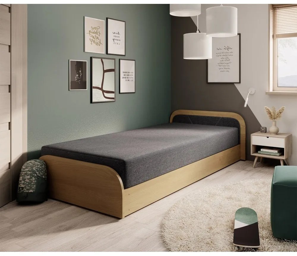 Tapicerowane/z płyty wiórowej łóżko jednoosobowe ze schowkiem z materacem 80x190 cm w kolorze ochry/ciemnoszare Parys – ELTAP