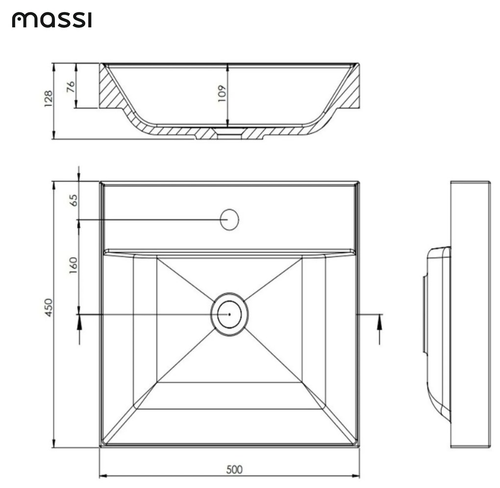 Umywalka z konglomeratu blatowa prostokątna biała NAVI | Różne rozmiary | Z otworem na baterię lub bez : Otwór na baterię - Bez otworów, Rozmiar - 50 x 45 cm