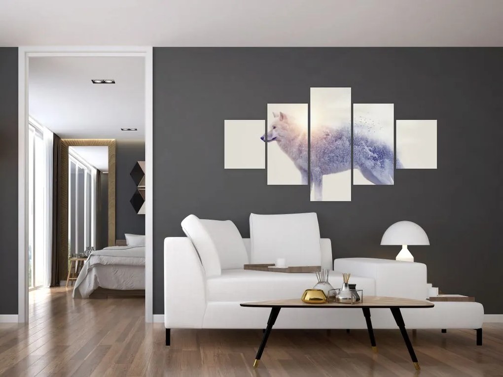 Obraz - Wilk arktyczny odzwierciedla dziki krajobraz (125x70 cm)