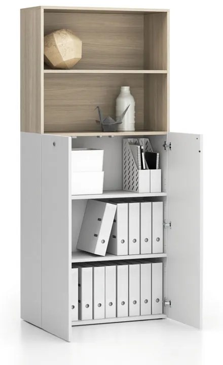 Szafa biurowa SEGMENT 2-drzwiowa, zamykana, 4 półki, 840 x 370 x 1880 mm, biały / naturalny dąb