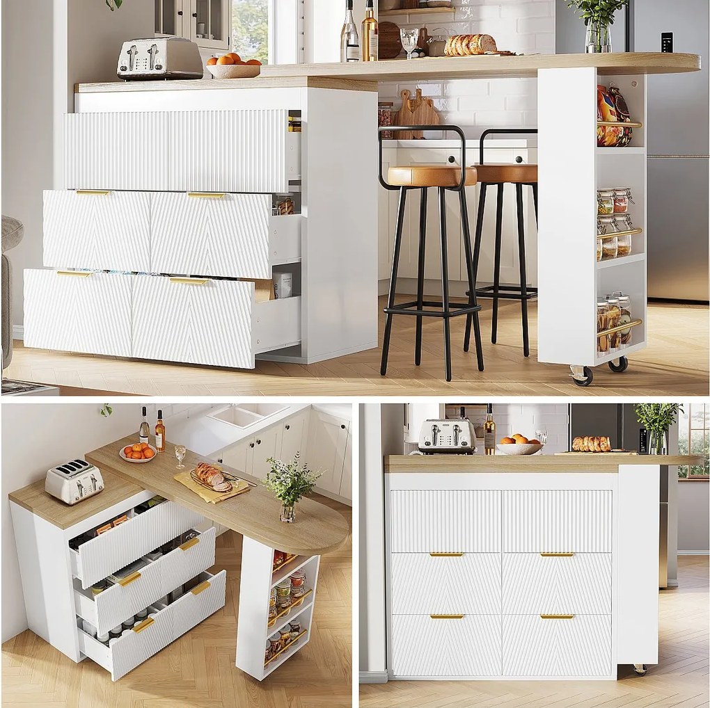 Stół barowy obrotowy 360° - 128/203 x 39 x 90 cm - z półkami + 6 szuflad - MDF + metal - biały