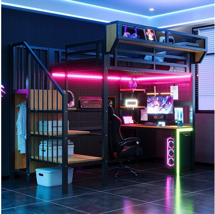 Łóżko piętrowe metalowe - 90 x 200 cm - z biurkiem + półką i siatką na rzeczy + drabinką + diodami LED + gniazdkiem elektrycznym - czarne