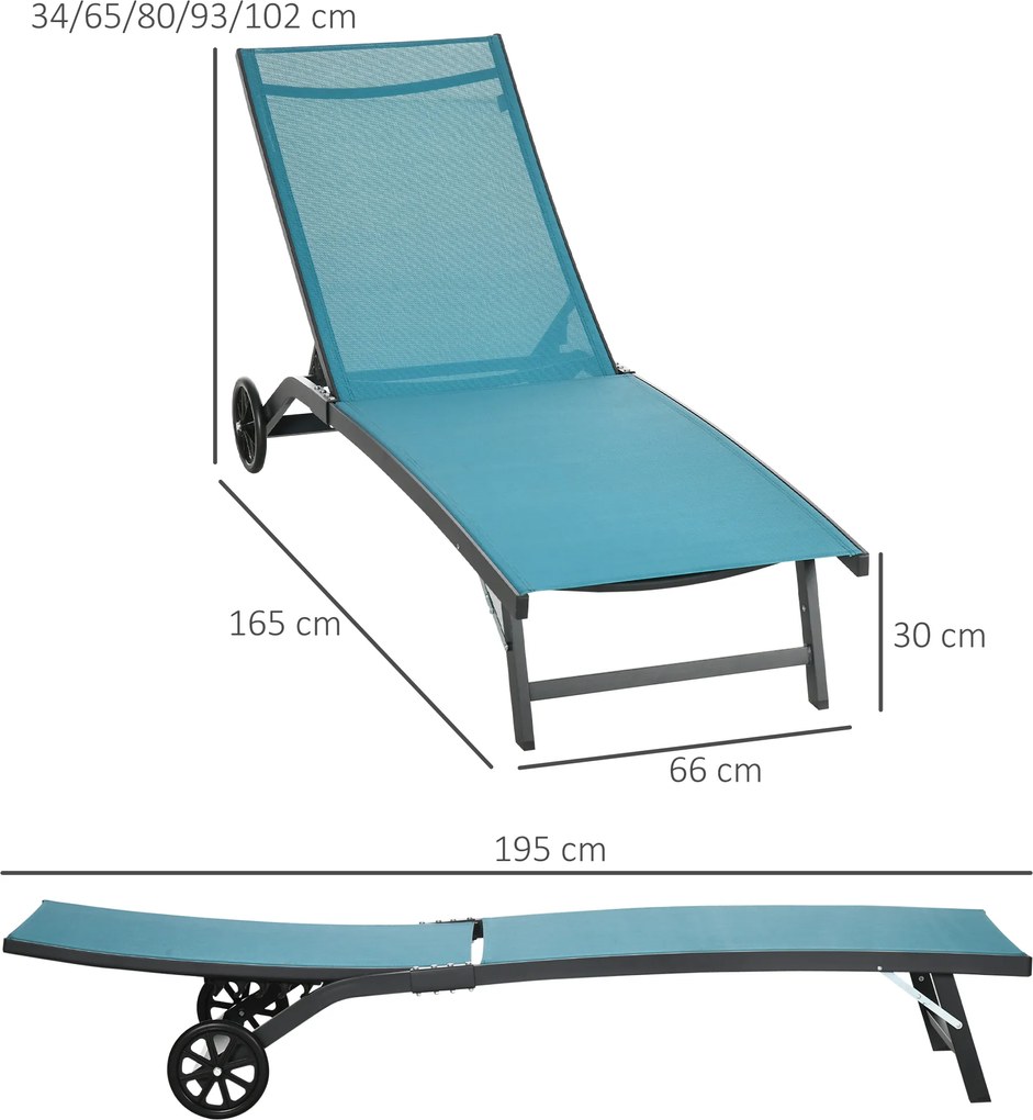 Outsunny Leżak słoneczny, 5-stopniowo regulowane oparcie, oddychający materiał, rama aluminiowa, niebieski, 195 x 66 x 34 cm