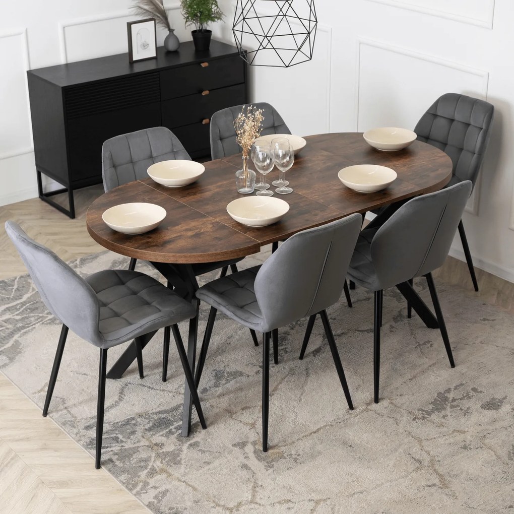 Zestaw Stół Okrągły Rozkładany DORIAN 80-160 cm Dąb Rustykalny/Czarny i 6 Krzeseł Tapicerowanych do Jadalni LUCKY Szare Welurowe