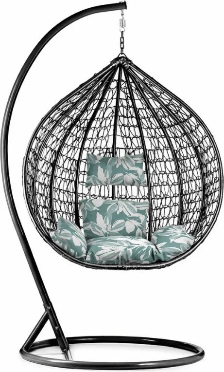 Czarne wiszące krzesło KOKON ze stojakiem, zielono-biała poduszka