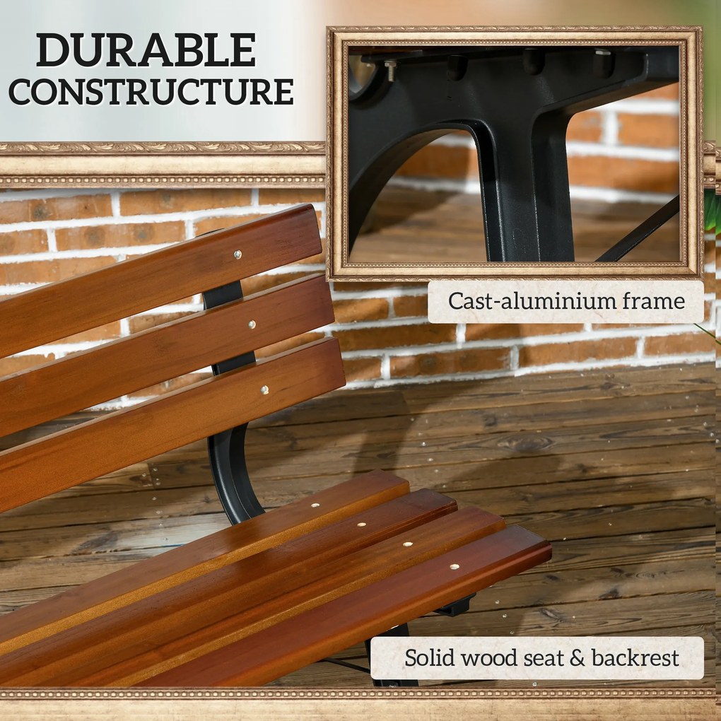 Outsunny Ławka dla 2 osób, do ogrodu i tarasu, Żeliwo + Drewno naturalne, 120 x 57 x 70 cm, Brązowy