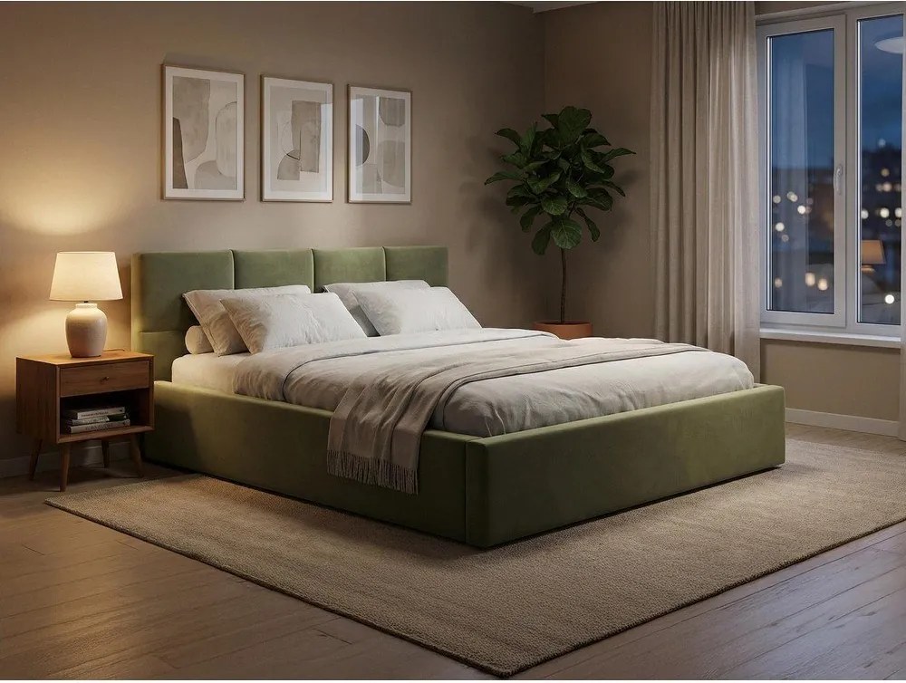 Ciemnoszare aksamitne tapicerowane łóżko dwuosobowe ze schowkiem ze stelażem 140x200 cm Hiko – Makamii