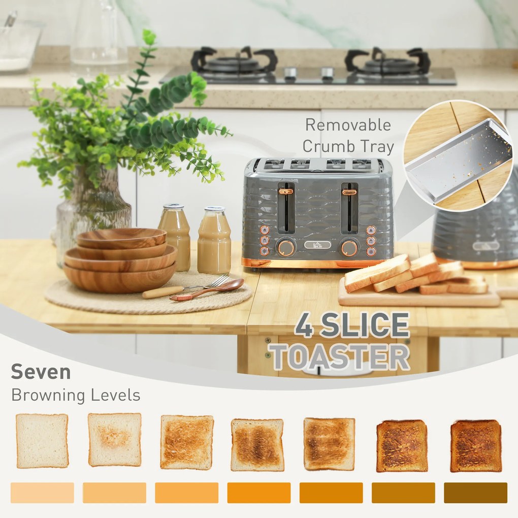 HOMCOM Zestaw 2 w 1: Toster i Czajnik, 7 Stopni Zrumienienia, Funkcje Rozmrażania i Podgrzewania, Szary