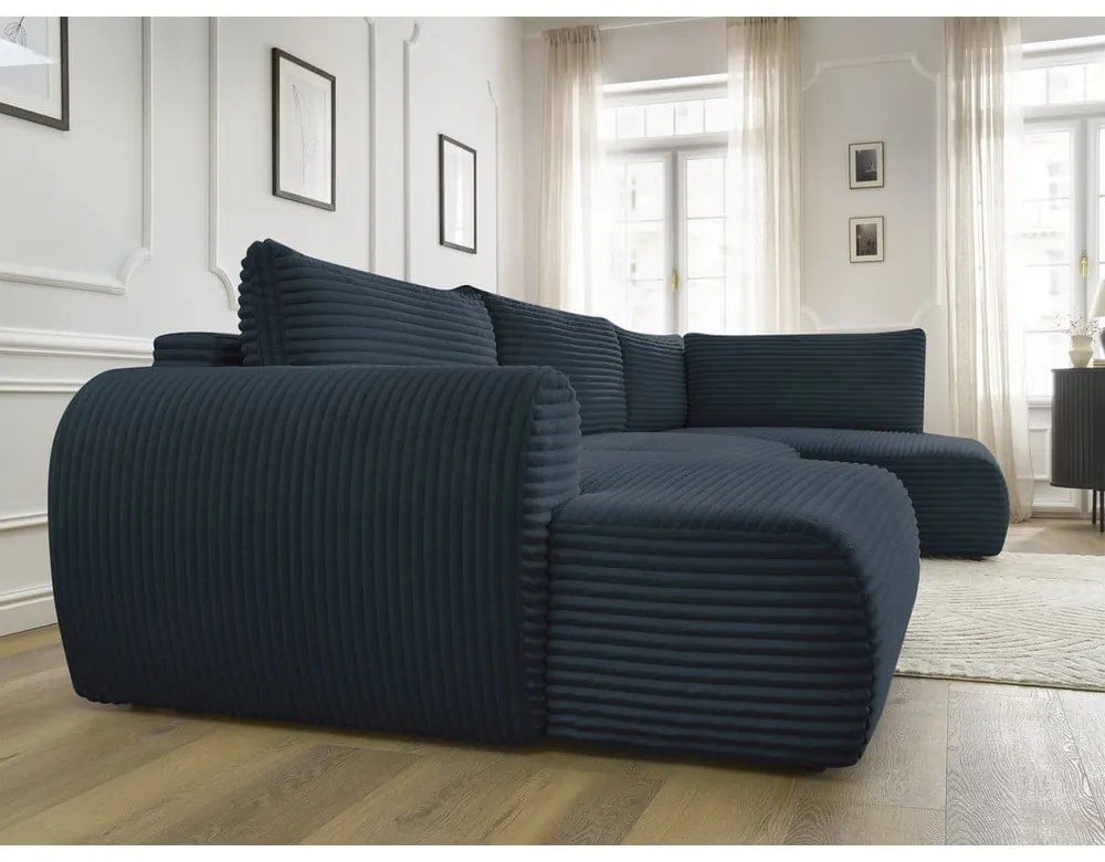 Ciemnoniebieski sztruksowy rozkładany/ze schowkiem narożnik (prawostronny/w kształcie litery U) Lucien – Bobochic Paris
