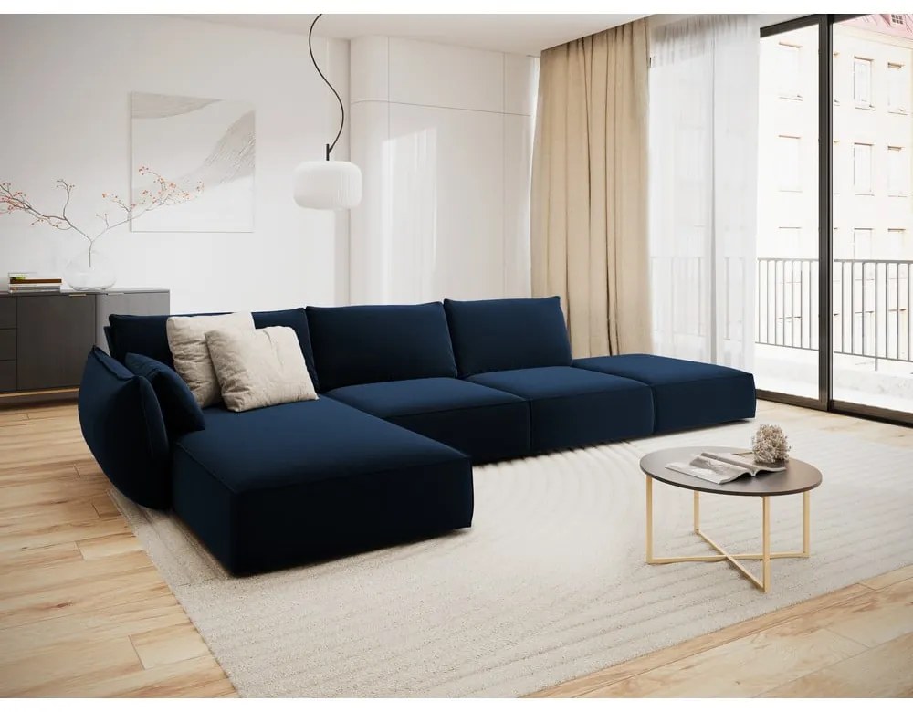 Ciemnoniebieski aksamitny narożnik (lewostronny/z szezlongiem) Vanda – Mazzini Sofas