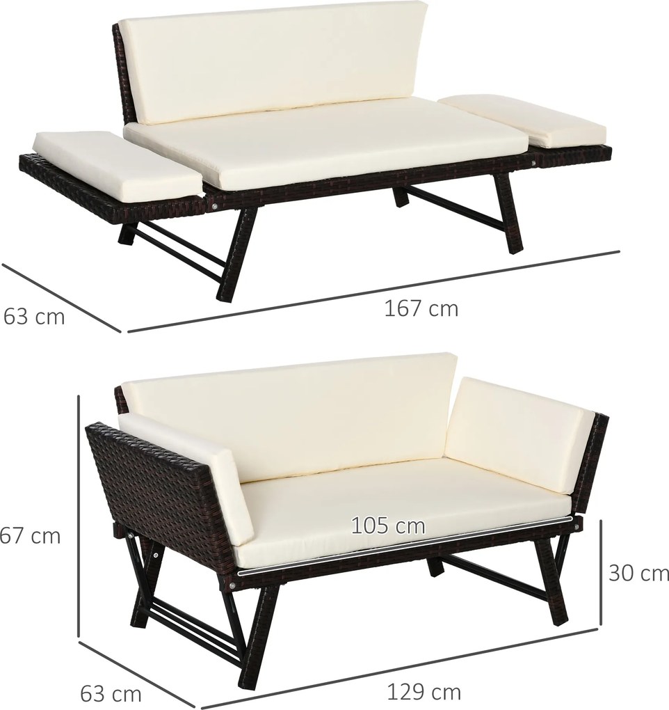 Outsunny Sofa ogrodowa 2-osobowa, technorattan, składane podłokietniki, stal, brązowa, 129x63x67cm | Aosom PL