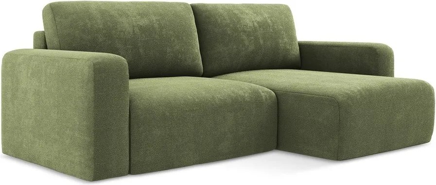 Zielony rozkładany narożnik ze schowkiem z tkaniny szenilowej (prawostronny/z szezlongiem) Kona – Makamii