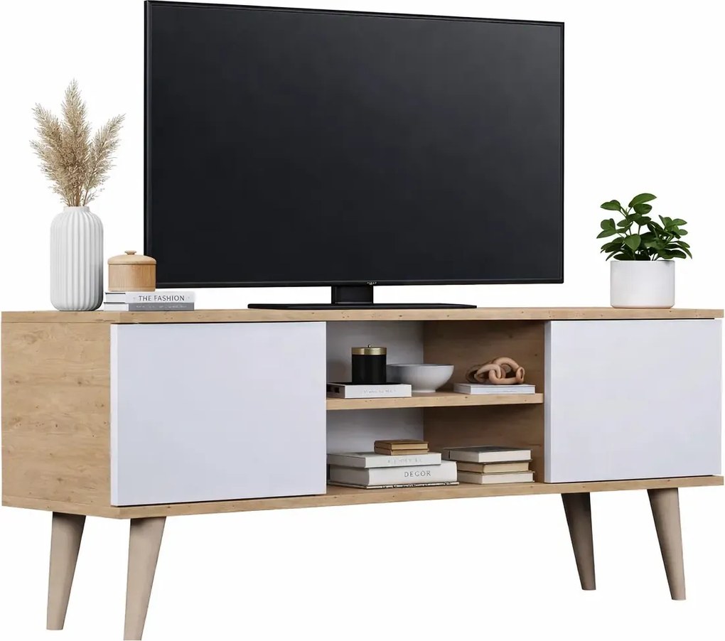 Skandynawska szafka pod telewizor dąb artisan + biały T5-E64