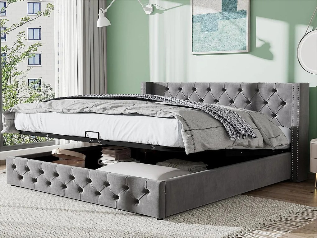 Łóżko 140x190cm z weluru z stelażem na listwy - Szare