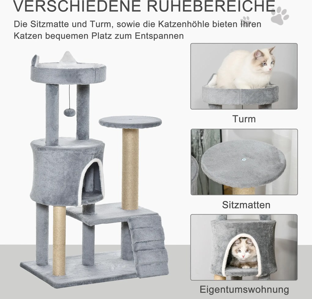 6 PawHut drapak do ostrzenia pazurów z jaskinią i drabinką 100cm wysokość drzewko do wspinaczki dla kotów w kolorze szarym | Aosom PL
