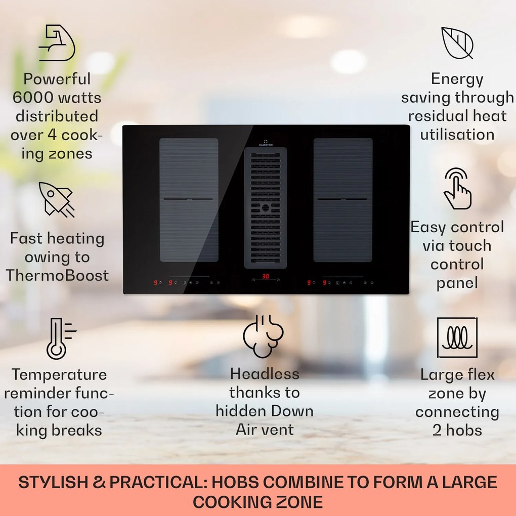 Klarstein Full House 90cm 4 Strefy Gotowania Płyta Indukcyjna z Okapem Czarny