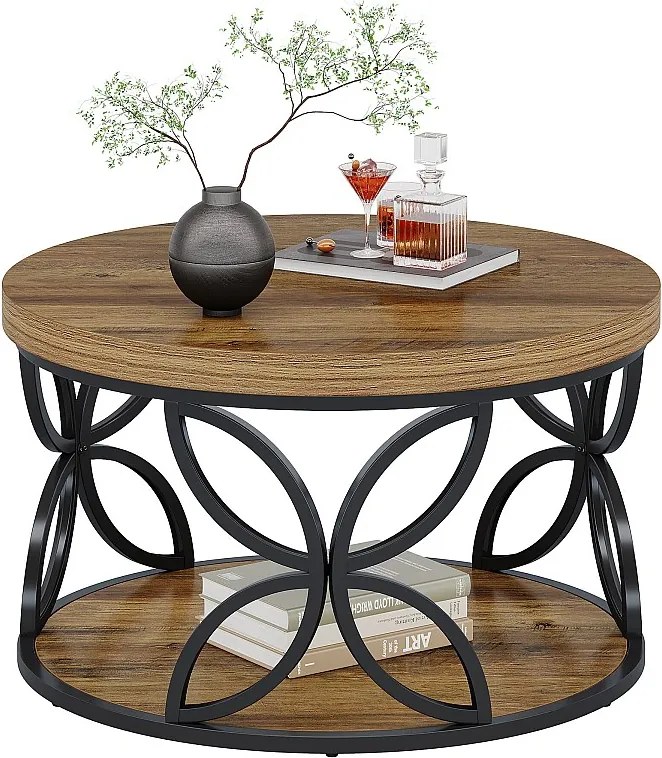Okrągły stolik kawowy ze schowkiem, 2-poziomowy stolik centralny w kształcie koła do salonu, rustykalny brąz, 80 cm