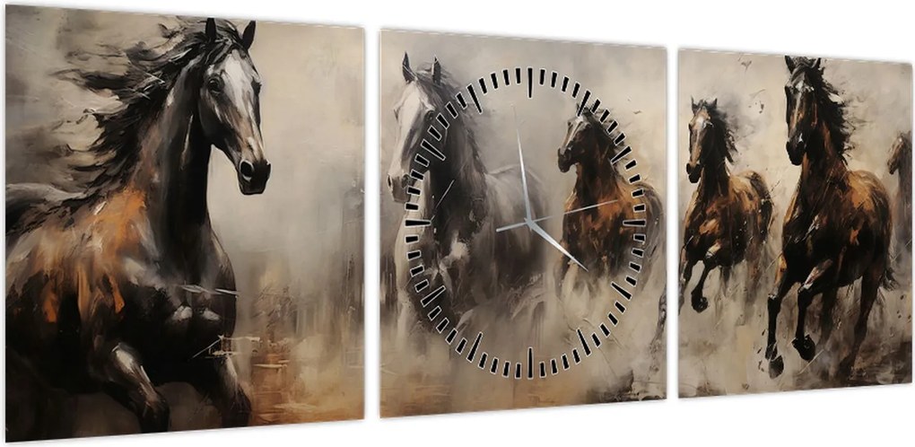 Obraz - Obraz olejny przedstawiający konie (z zegarem) (90x30 cm)